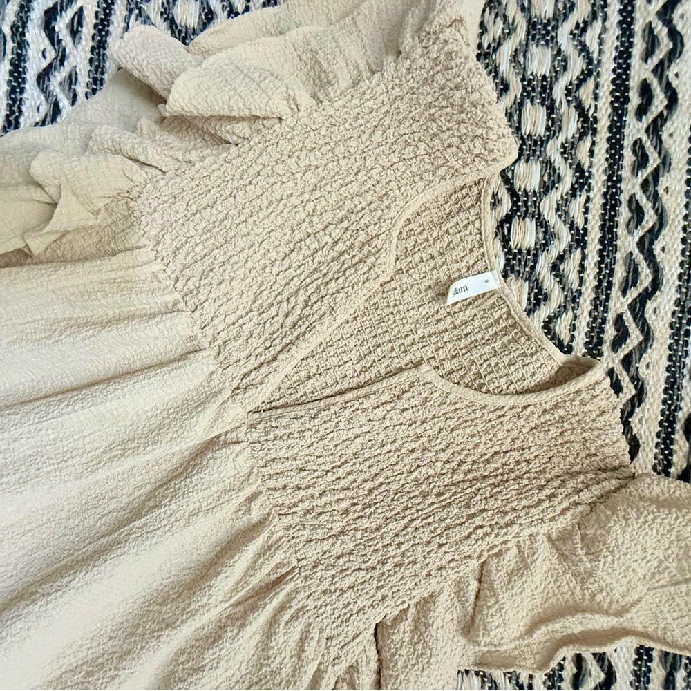 Glam Beige Smocked Ruffle SleeveTextured Top